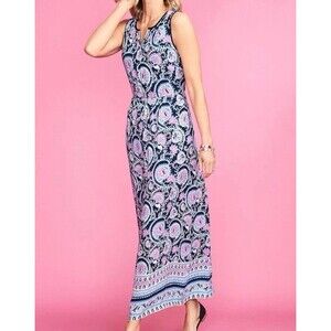 Talbots Petites 10P Navy Blue Pink Paisley Floral Maxi Dress Sleeveless